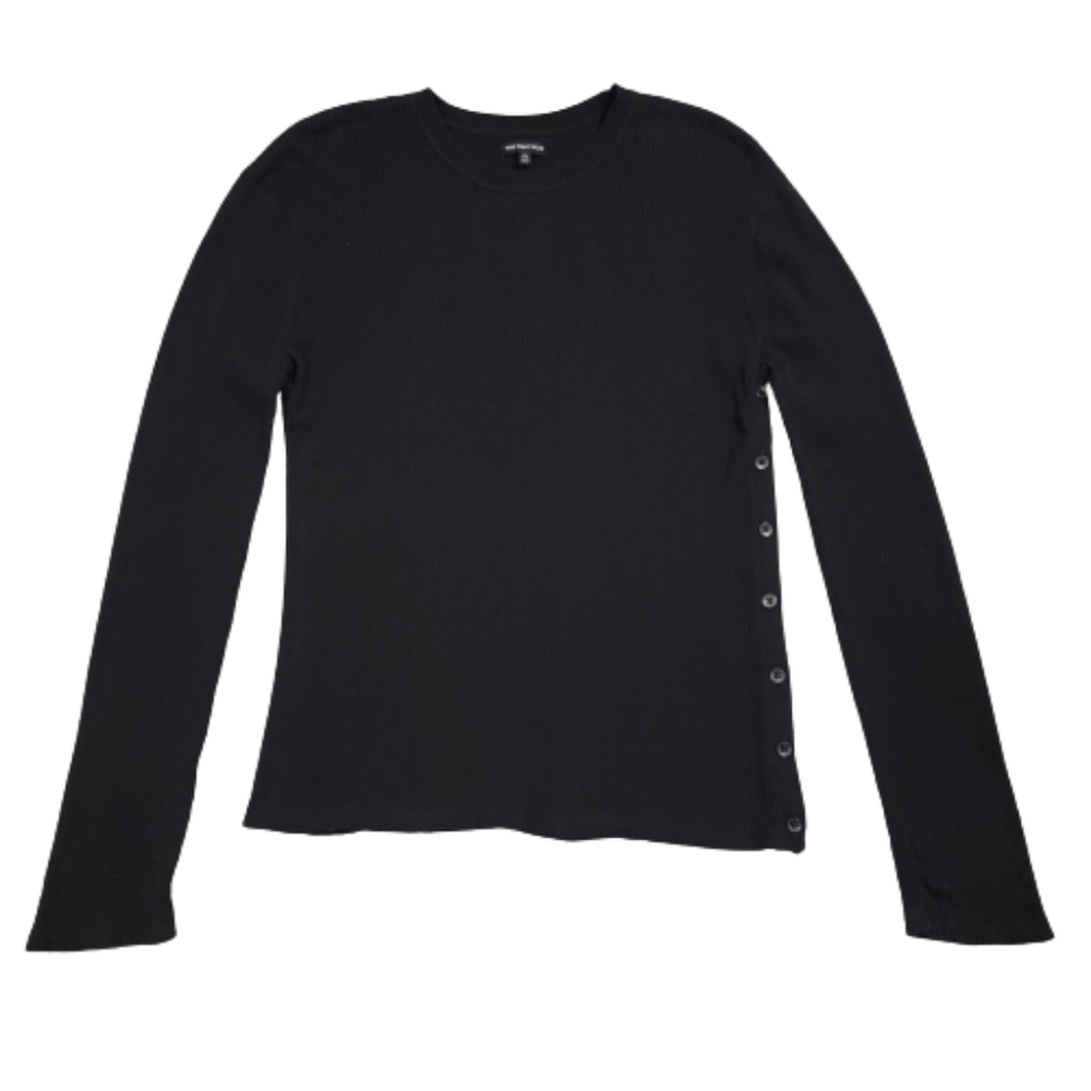 Women's Long Sleeve Ribbed Crewneck Sweater with button detail, Black, Size XL